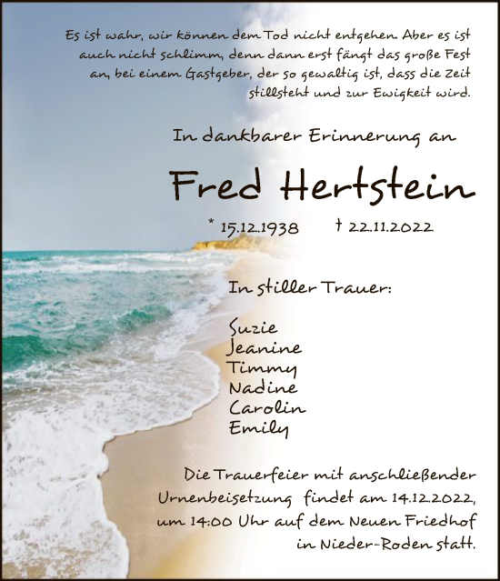 Traueranzeige von Fred Hertstein von OF