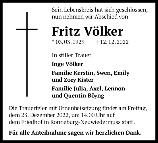 Traueranzeige von Fritz Völker von OF