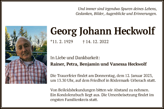 Traueranzeige von Georg Johann Heckwolf von OF