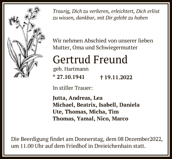 Traueranzeige von Gertrud Freund von OF