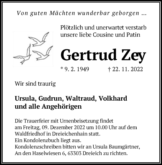 Traueranzeige von Gertrud Zey von OF