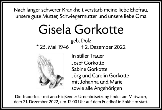 Traueranzeige von Gisela Gorkotte von OF