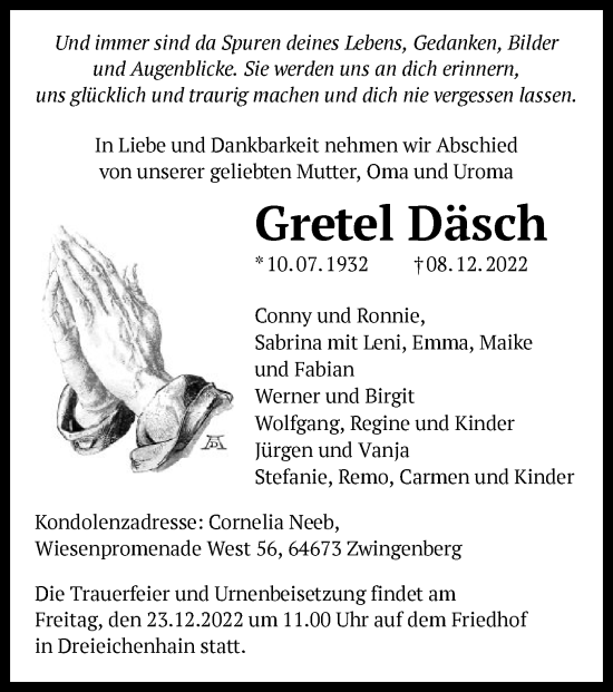 Traueranzeige von Gretel Däsch von OF