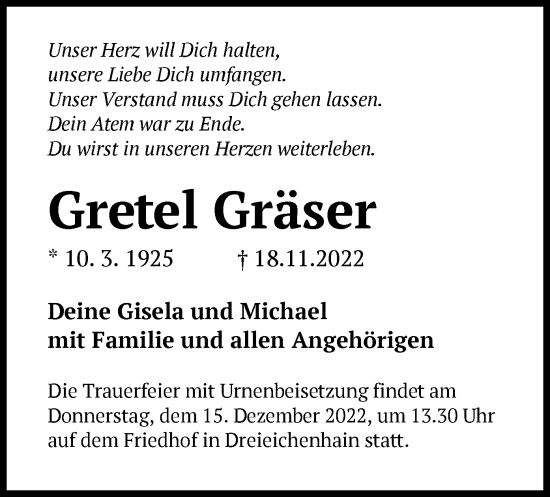 Traueranzeige von Gretel Gräser von OF