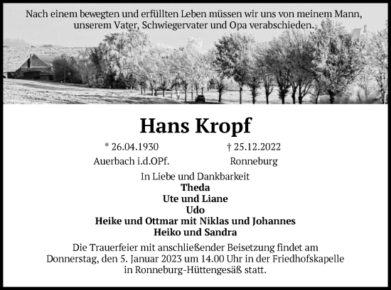 Traueranzeige von Hans Kropf von OF