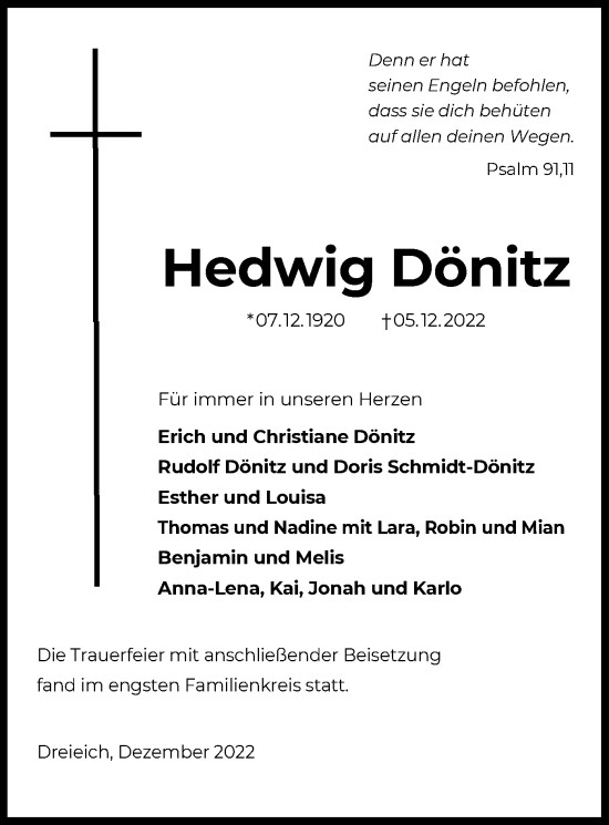 Traueranzeige von Hedwig Dönitz von OF