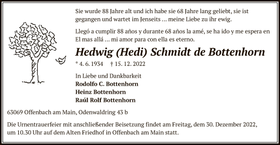 Traueranzeige von Hedwig Schmidt de Bottenhorn von OF