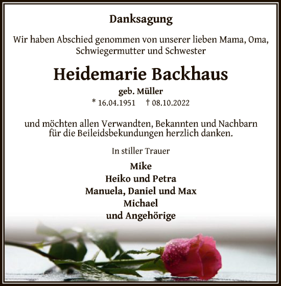 Traueranzeige von Heidemarie Backhaus von OF