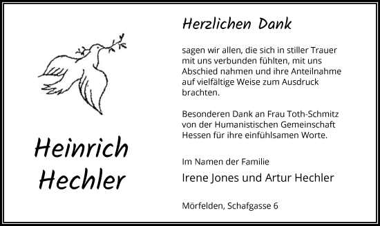 Traueranzeige von Heinrich Hechler von OF