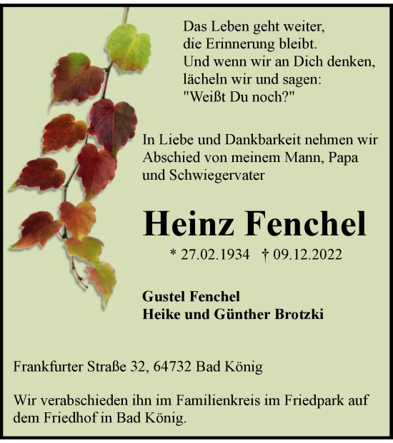 Traueranzeige von Heinz Fenchel von OF