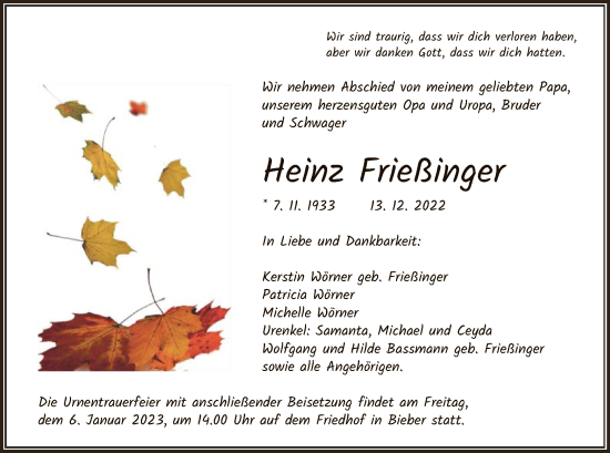 Traueranzeige von Heinz Frießinger von OF