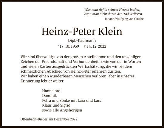 Traueranzeige von Heinz-Peter Klein von OF