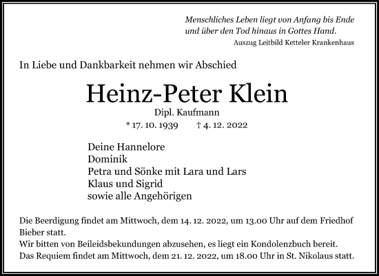 Traueranzeige von Heinz-Peter Klein von OF