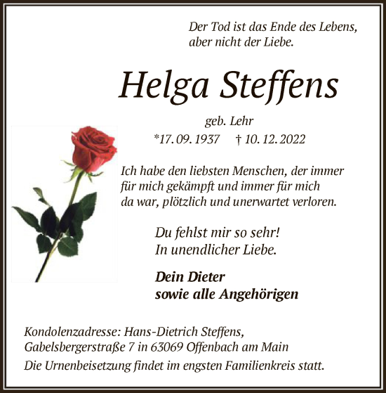 Traueranzeige von Helga Steffens von OF