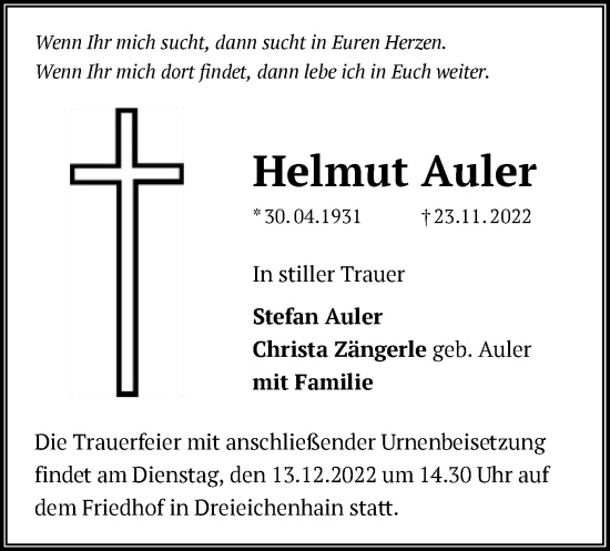 Traueranzeige von Helmut Auler von OF