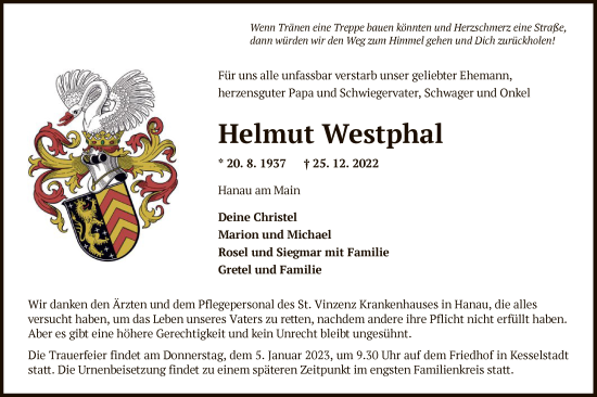 Traueranzeige von Helmut Westphal von OF