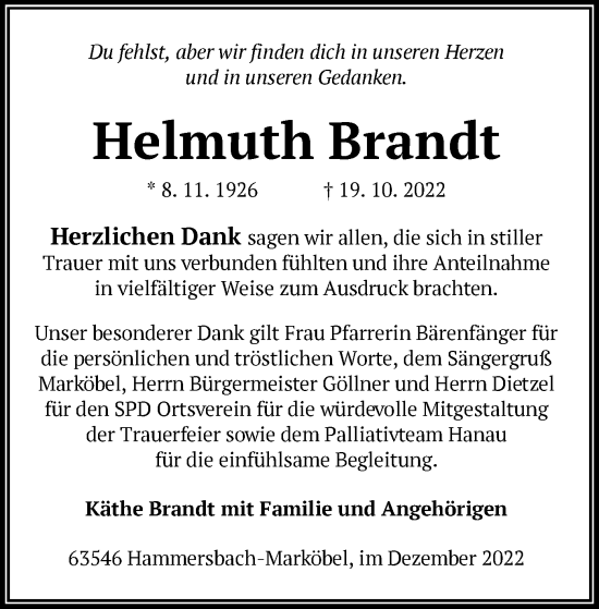 Traueranzeige von Helmuth Brandt von OF