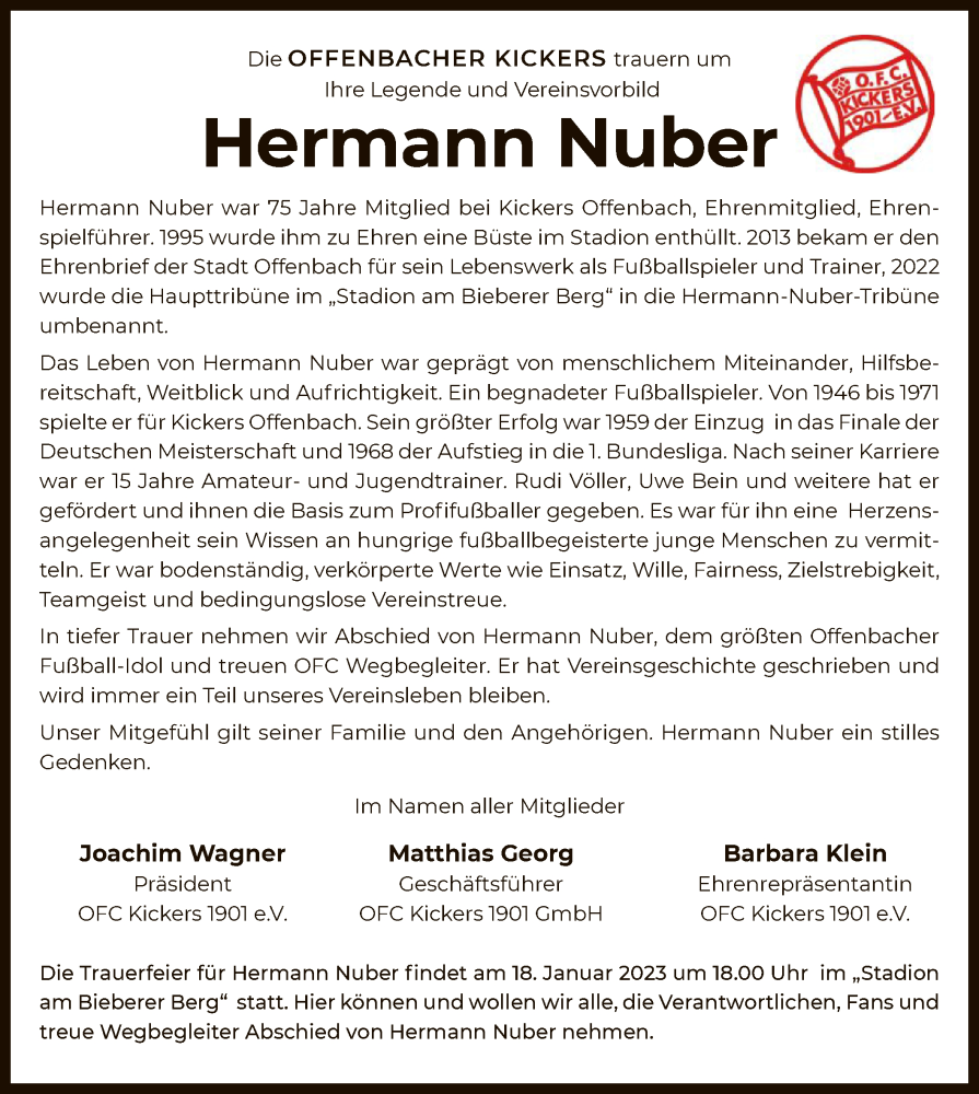  Traueranzeige für Hermann Nuber vom 17.12.2022 aus OF