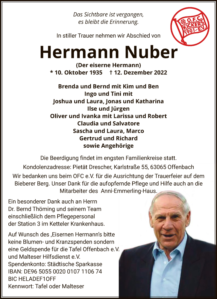  Traueranzeige für Hermann Nuber vom 17.12.2022 aus OF