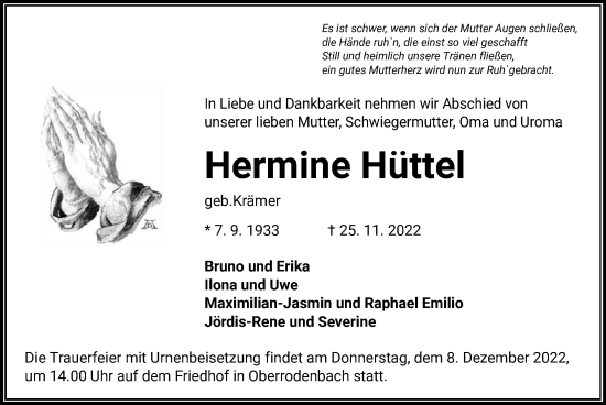 Traueranzeige von Hermine Hüttel von OF