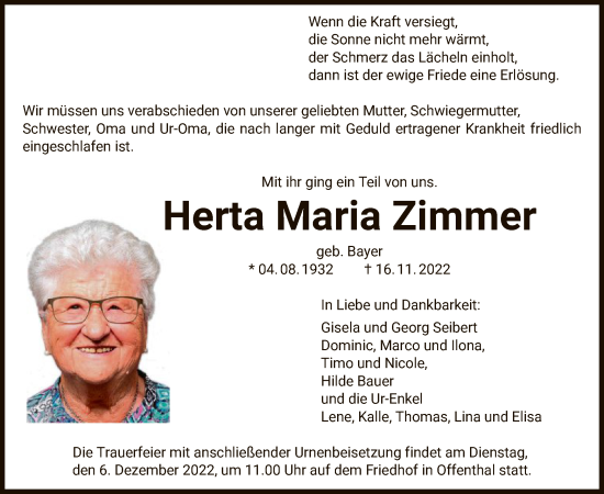 Traueranzeige von Herta Maria Zimmer von OF