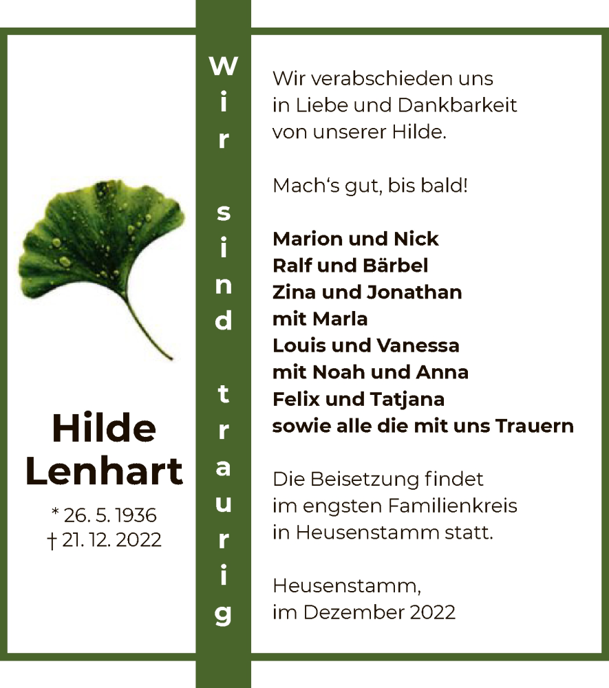  Traueranzeige für Hilde Lenhart vom 28.12.2022 aus OF