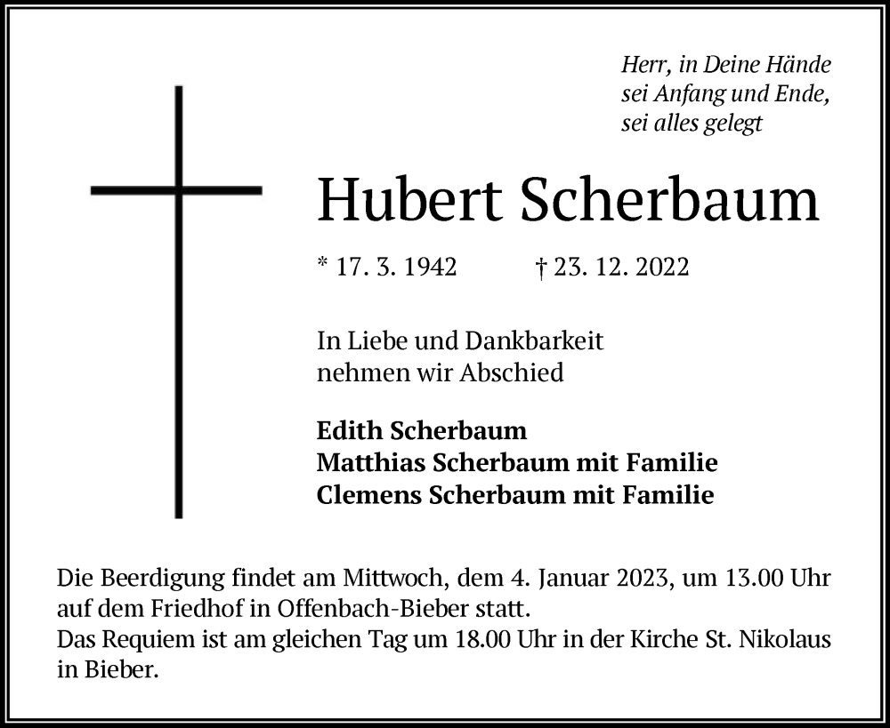  Traueranzeige für Hubert Scherbaum vom 31.12.2022 aus OF