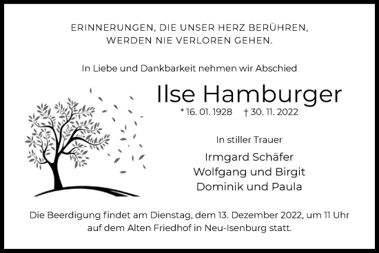 Traueranzeige von Ilse Hamburger von OF