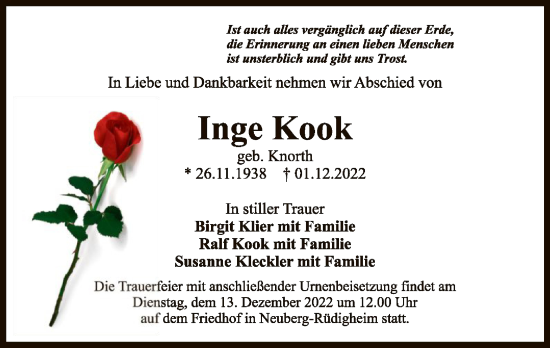 Traueranzeige von Inge Kook von OF