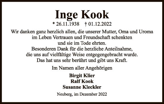 Traueranzeige von Inge Kook von OF