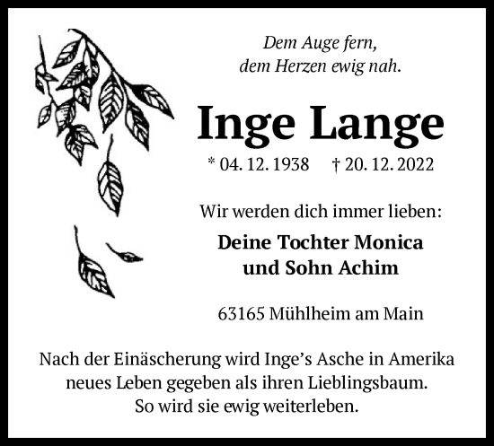 Traueranzeige von Inge Lange von OF