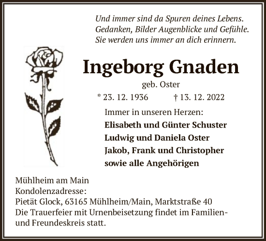 Traueranzeige von Ingeborg Gnaden von OF