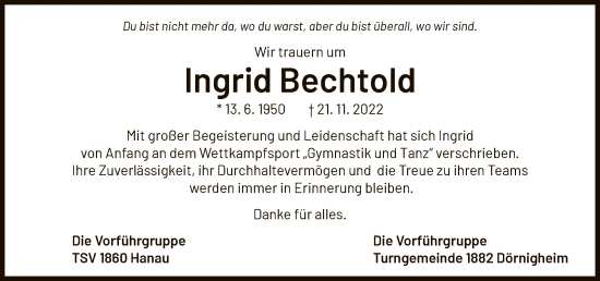 Traueranzeige von Ingrid Bechtold von OF