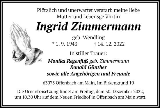 Traueranzeige von Ingrid Zimmermann von OF