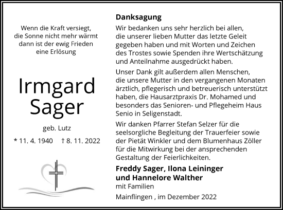 Traueranzeige von Irmgard Sager von OF