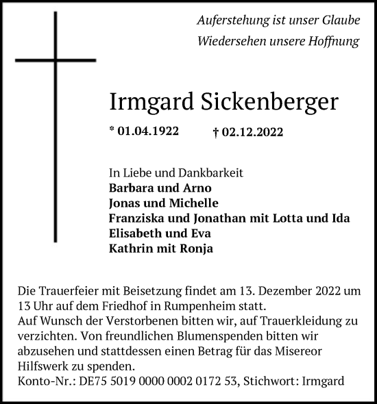 Traueranzeige von Irmgard Sickenberger von OF