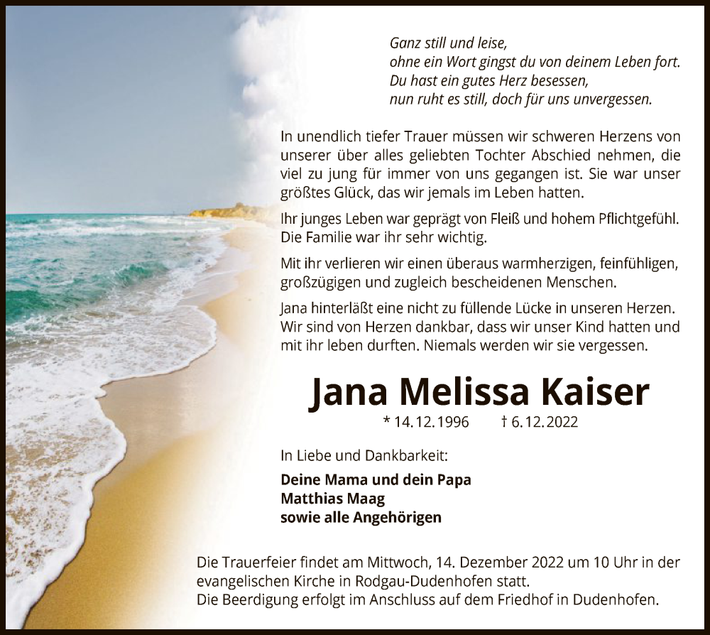 Traueranzeigen Von Jana Melissa Kaiser Trauerop Onlinede