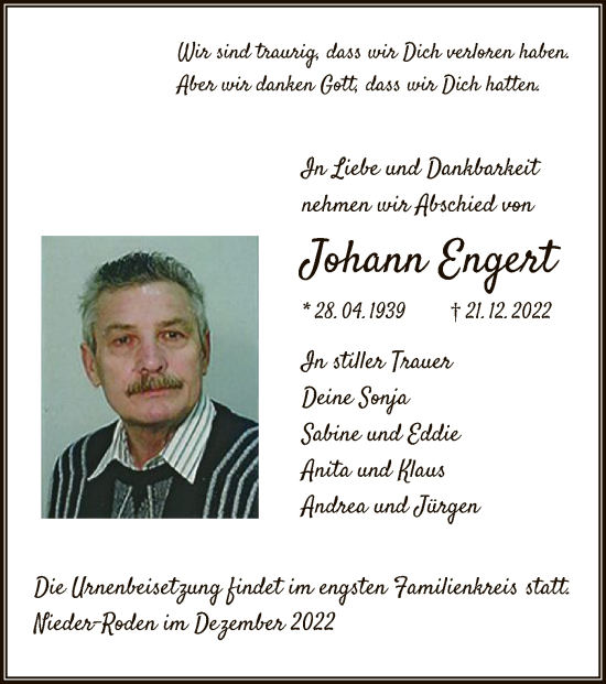 Traueranzeige von Johann Engert von OF