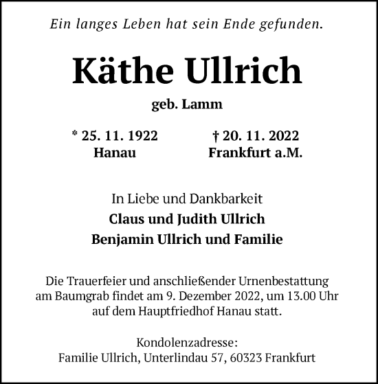 Traueranzeige von Käthe Ullrich von OF