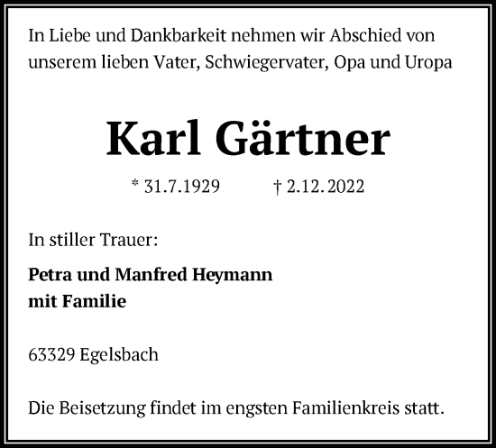 Traueranzeige von Karl Gärtner von OF