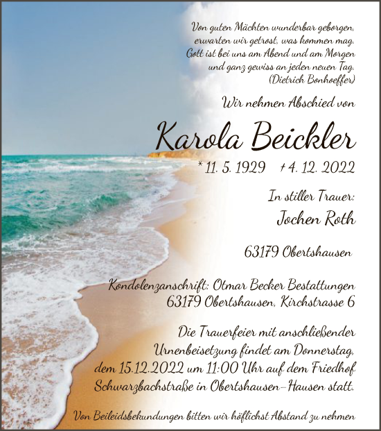 Traueranzeige von Karola Beickler von OF