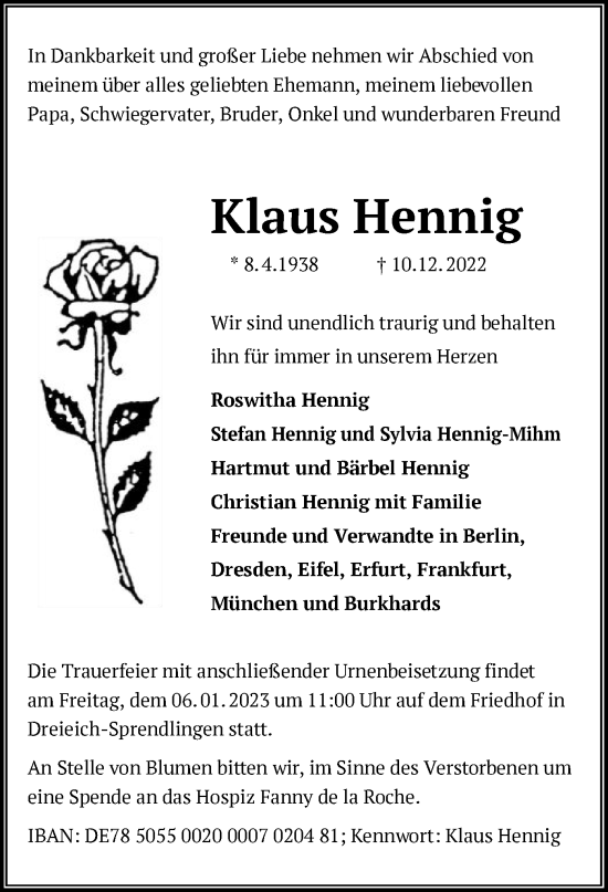 Traueranzeige von Klaus Hennig von OF