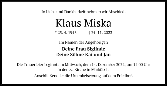 Traueranzeige von Klaus Miska von OF