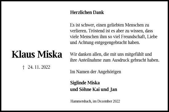 Traueranzeige von Klaus Miska von OF