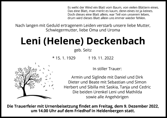 Traueranzeige von Leni Helene Deckenbach von OF