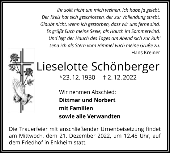 Traueranzeige von Lieselotte Schönberger von OF