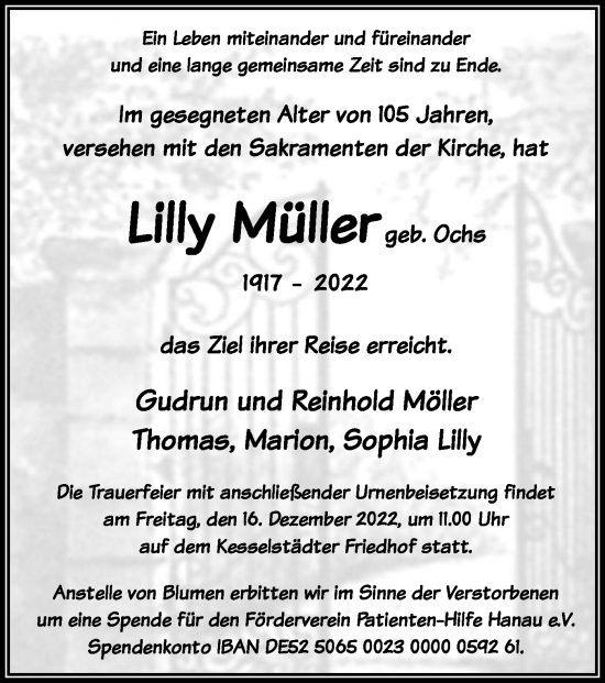 Traueranzeige von Lilly Müller von OF