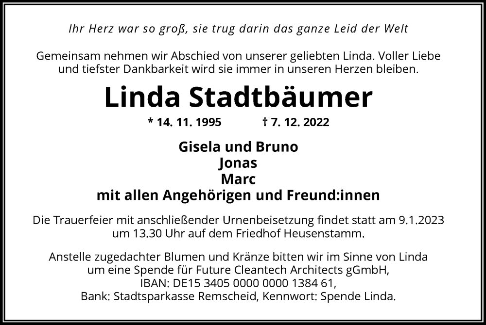  Traueranzeige für Linda Stadtbäumer vom 28.12.2022 aus OF