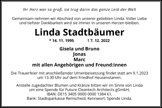 Traueranzeige von Linda Stadtbäumer von OF