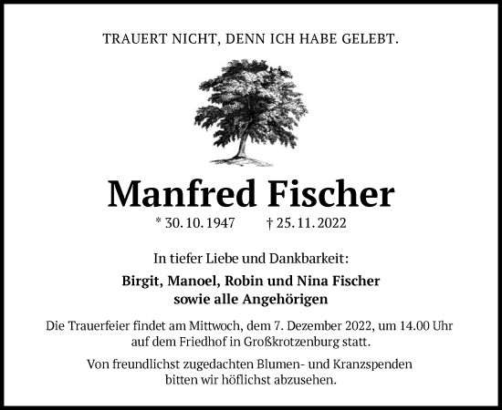 Traueranzeige von Manfred Fischer von OF